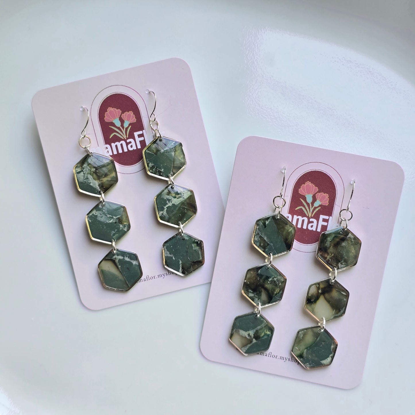 Trés Hex Hook Earrings in translucent green earth tones