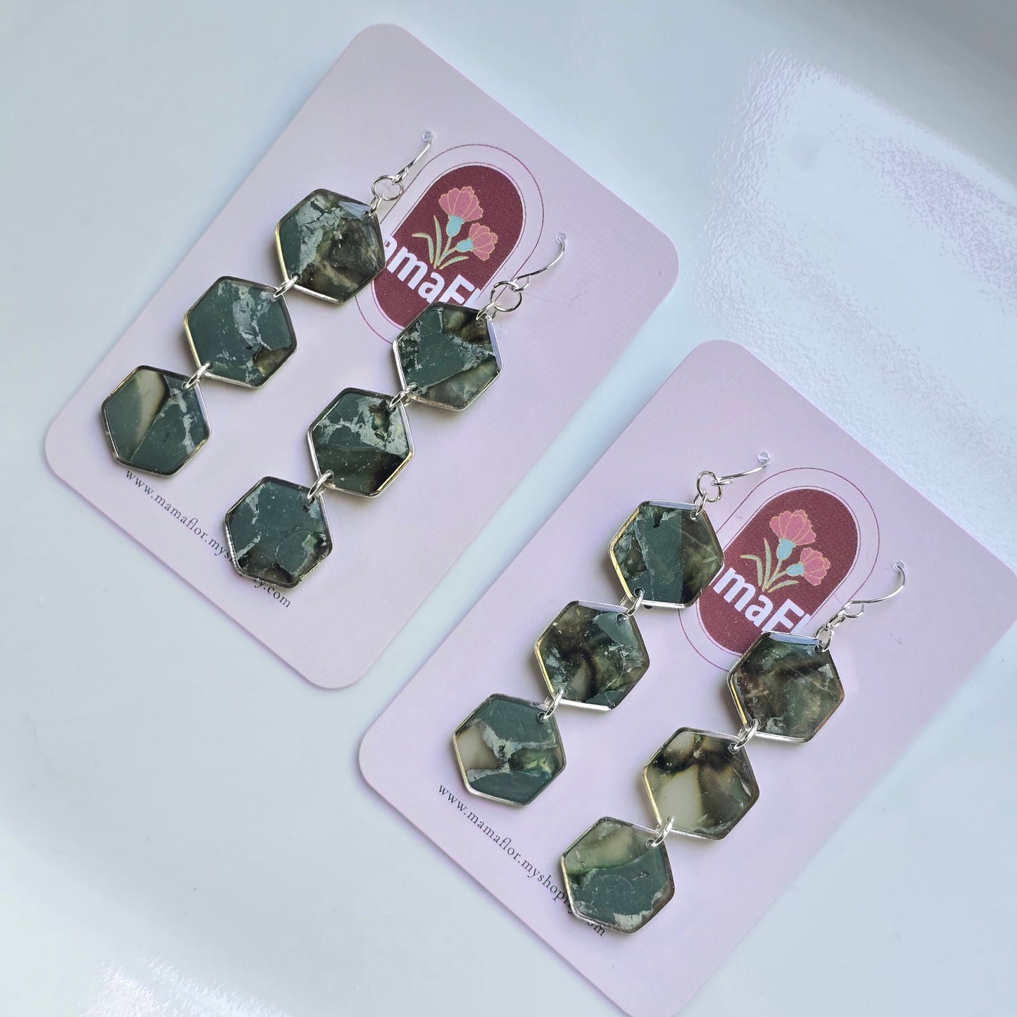 Trés Hex Hook Earrings in translucent green earth tones