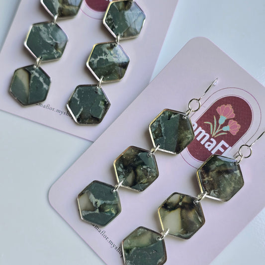 Trés Hex Hook Earrings in translucent green earth tones